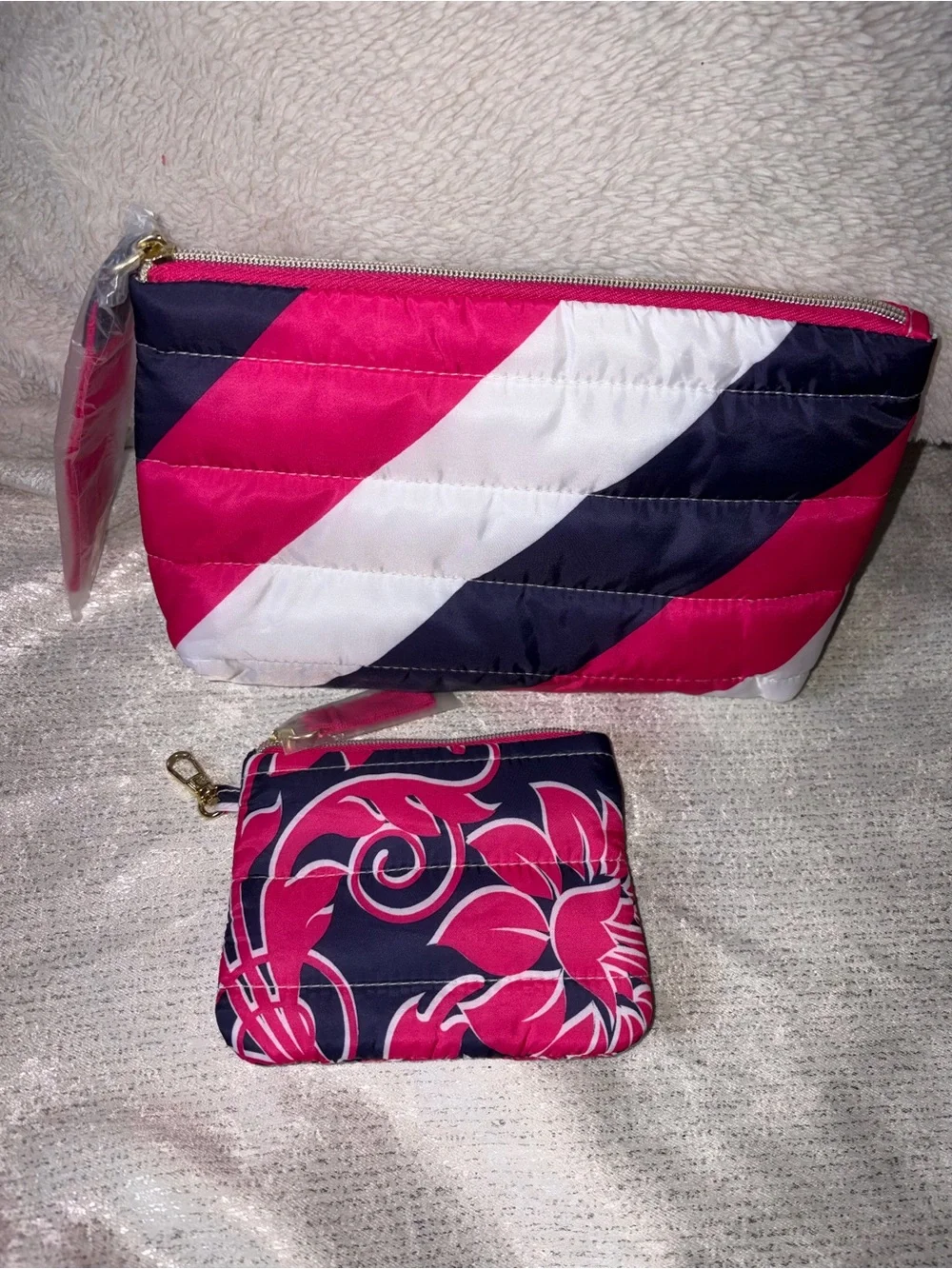 NWT Estée Lauder 2-Piece Puffy Quilted Cosmetic Bag Set – Pink & Navy Floral
